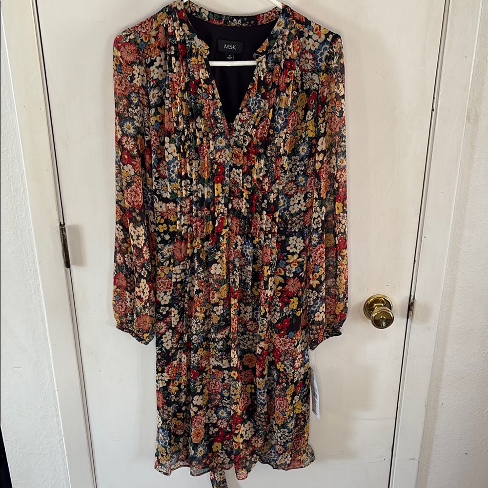 MSK black long sleeve dress with multi color floral pleated bodice Size 10